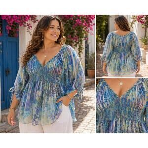Boho Peacock Print Blouse 18/20W Plus Size Flowy Sheer Top Blue Green Resort